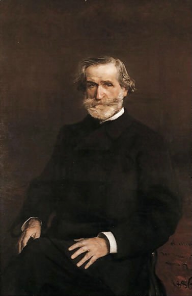 Opera in Art: Giovanni Boldini, Portrait of Giuseppe Verdi, Verdi, dressed in black, looks straight at the viewer