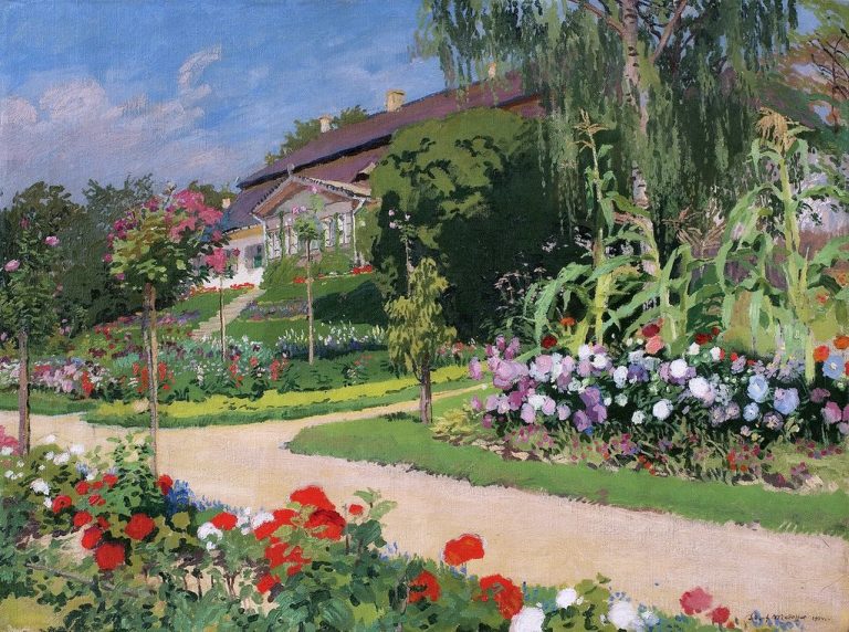 Spring landscape paintings: Józef Mehoffer, Manor House and Garden in Jankowka, ca. 1914, Poland, private collection. Wikimedia Commons (public domain).
