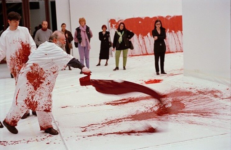 Viennese Actionism: Hermann Nitsch creating his Poured Paintings.
