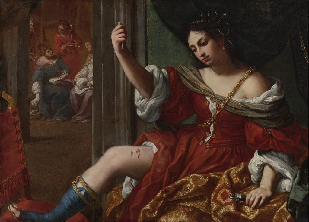 Elisabetta Sirani, Portia Wounding Her Thigh, 1664, private collection. Wikipedia.