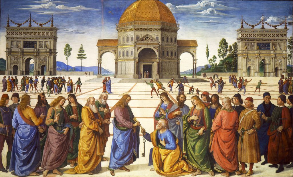 The Marriage of the Virgin. Perugino, Delivery of the Keys, 1481-1482 ca, Sistine Chapel, Vatican City, Italy. 