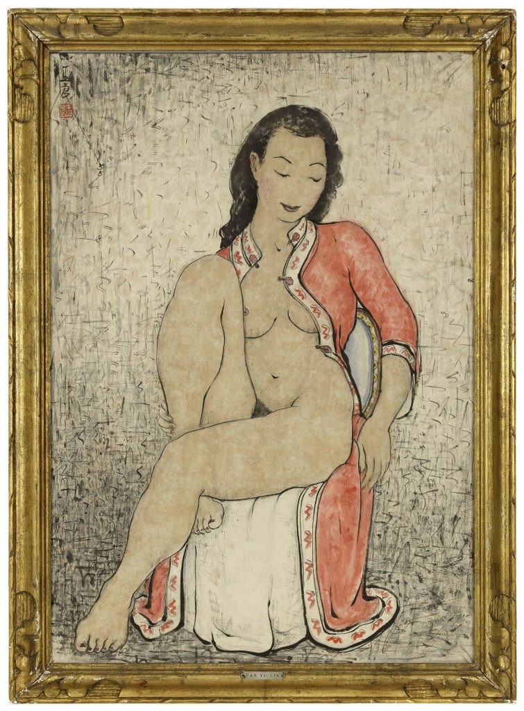 Pan Yuliang, Nude Sitting in a Red Bathrobe, 1955