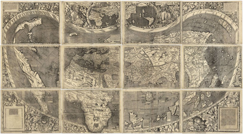 Martin Waldseemüller, world map, after 1507, First map ever with the name "America". Copy from 1903, Library of Congress, Washington, DC, USA. 