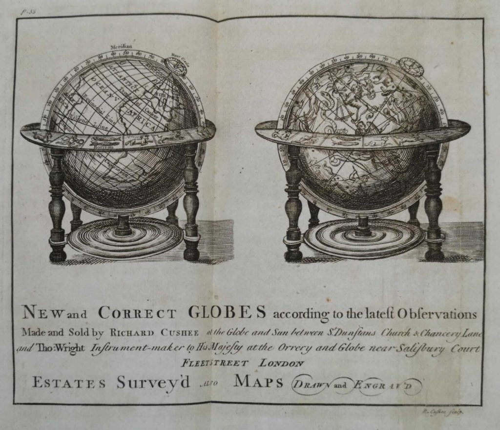 Advertisement for Richard Cushee's globes, ca. 1731, British Library, London. On the left a terrestrial globe, on the right a celestial globe. Sylvia Sumira, The art and history of globes.