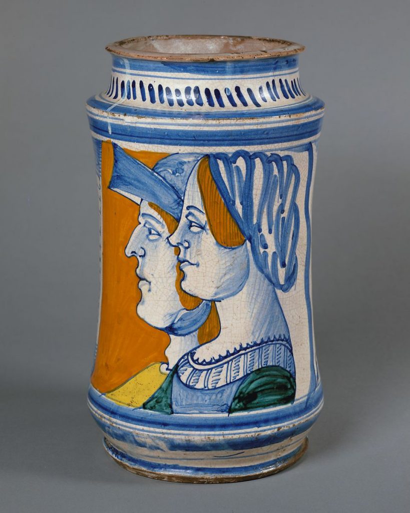 Apothecary jar (albarello) 1480-1500, Italian, Faenza or Naples, Maiolica technique, Metropolitan Museum of Art, New York, NY, USA.