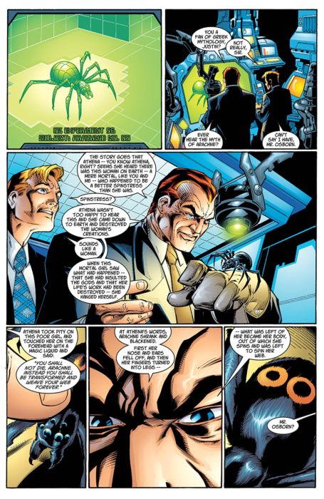 Spiders in art: Brian Micheal Bendis, Mark Bagley, Stuart Immonen, The Story of Arachne, Ultimate Spider-Man, 2000, Marvel Comics. 