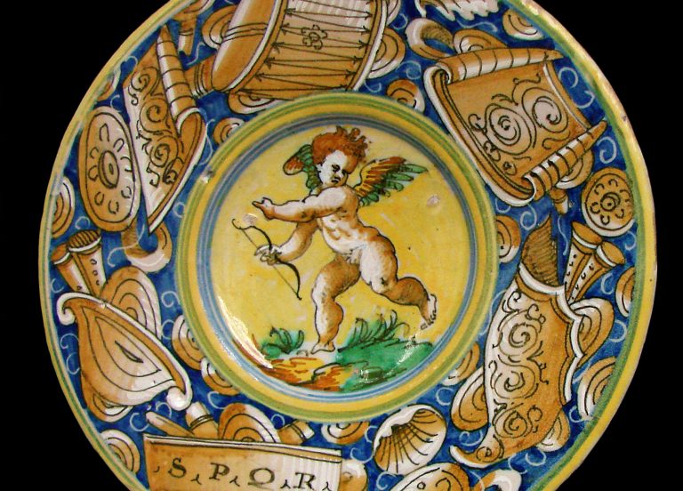 italian Maiolica: 
Tin-glazed Italian Renaissance maiolica, 1550-1570. Wikimedia Commons (public domain). Detail.

