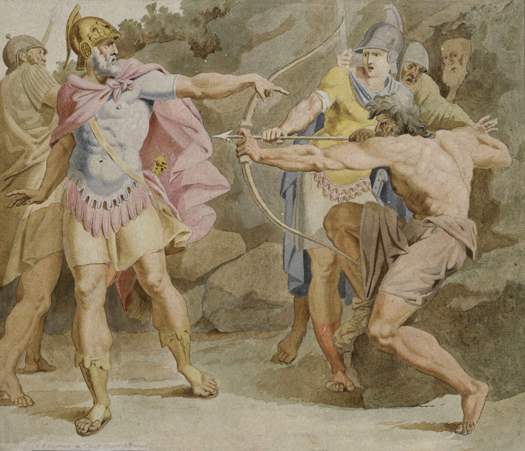 Asmus Jacob Carstens, Philoctetes aiming the bow of Hercules at Odysseus, 1790, Kupferstichkabinett), Berlin, Germany. 