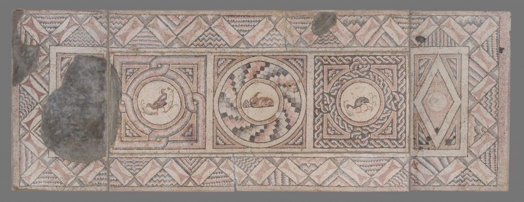 Medieval Mosaics, Unknown artist, Mosaic Floor with Animals, c. 400 CE, stone tesserae, J. Paul Getty Museum, Villa Collection, Malibu, CA, USA.
