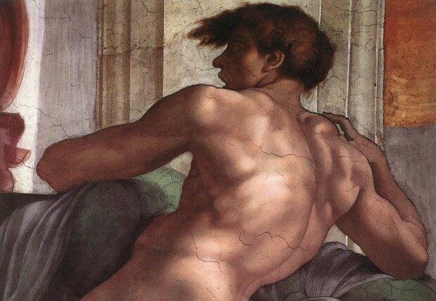 Best Bums in Art: Michelangelo, Ignudo, c. 1509, frescoes at the Sistine Chapel, Vatican. Detail.
