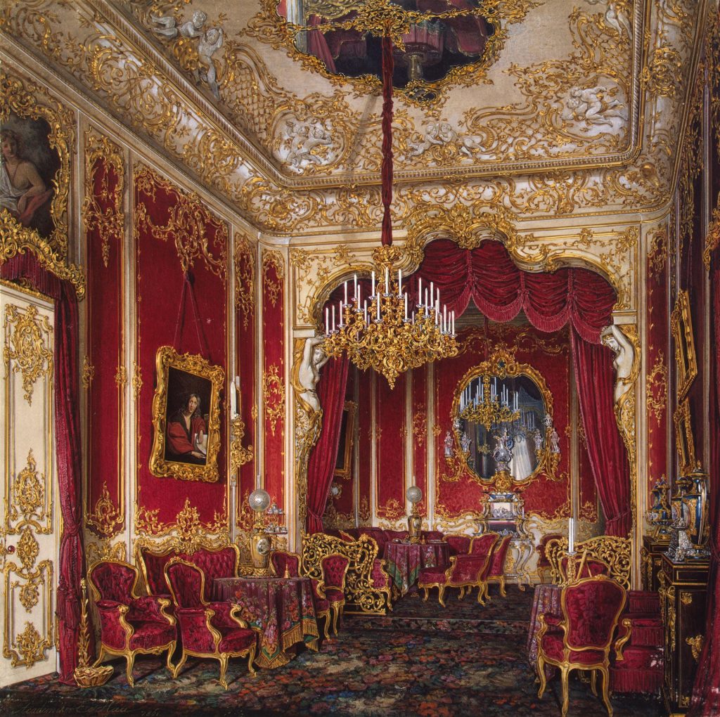 Paintings of exquisite palace interiors: Eduard Hau, Interiors of the Winter Palace, The Boudoir of Empress Maria Alexandrovna, ca. 1861, The State Hermitage Museum, St Petersburg, Russia.