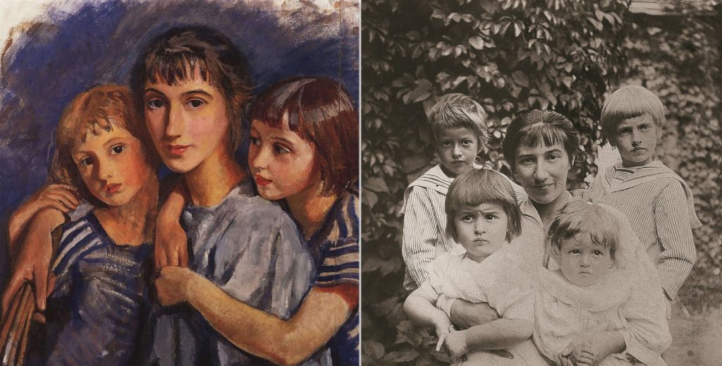 Zinaida Serebriakova. Left: Zinaida Serebriakova, Self-portrait with daughters (fragment), 1921, Rybinsk State Historical, Architectural and Art Museum Preserve, Rybinsk, Russia. Right: Zinaida Serebriakova with her children in 1914, photographer unknown. 
