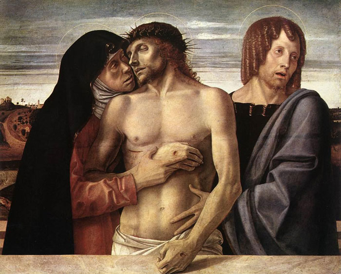 Giovanni Bellini's Pieta displays Mary and Joseph holding Jesus. Giovanni Bellini, Pietà, 1465–1470, Pinacoteca di Brera, Milan, Italy. painters of the Venetian Renaissance. 