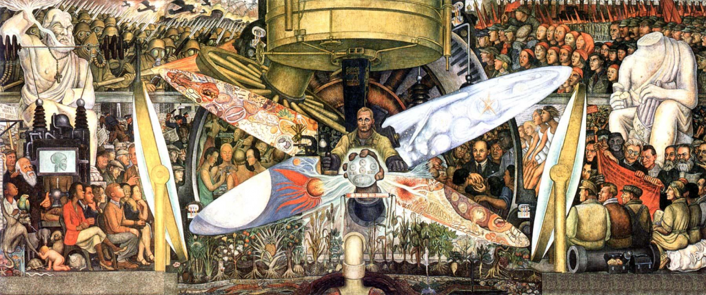 Man at Crossroads, Diego Rivera: Diego Rivera, Man Controller of the Universe, fresco, 1934, Palace of Fine Arts, Mexico City, Mexico.