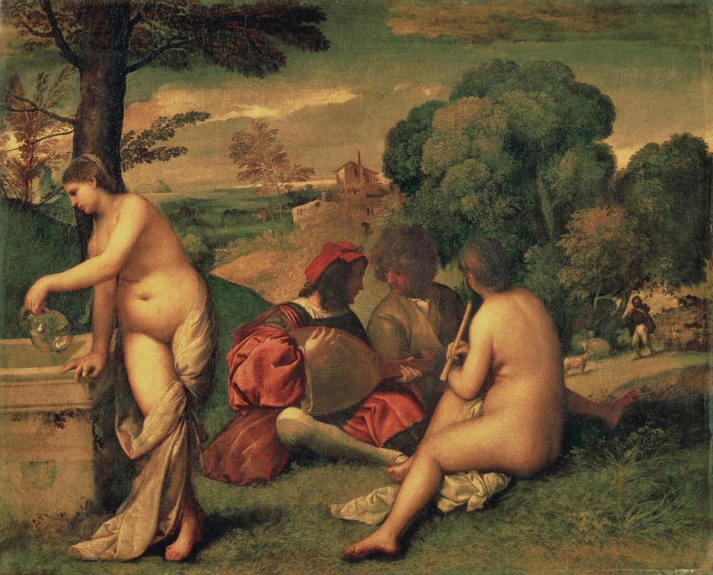 Titian (previously attributed to Giorgione), Pastoral concert, 1509-1510, Louvre, Paris, France.