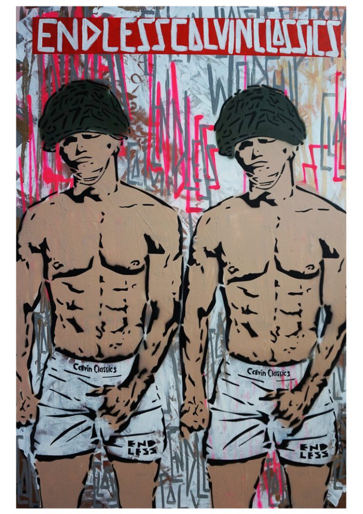 Endless, Calvin Classics Crotch Grab Duo, acrylic and spray paint on canvas, 150 x 100 cm. 
