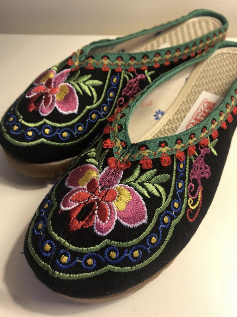 Cute Clogs/Mules Embroidered Rainbow, Frida Kahlo's style.