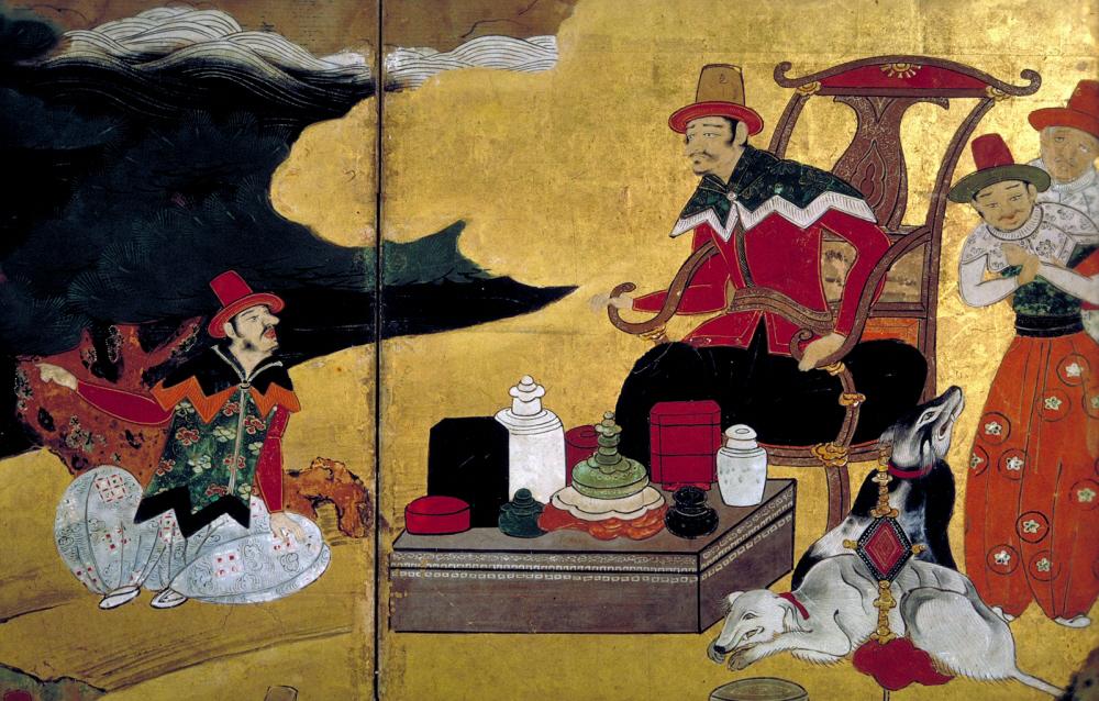 Namban: Arrival of a Portuguese ship, ca. 1620-1640, Edo period, Asian Art Museum, San Francisco, CA, USA. Detail.