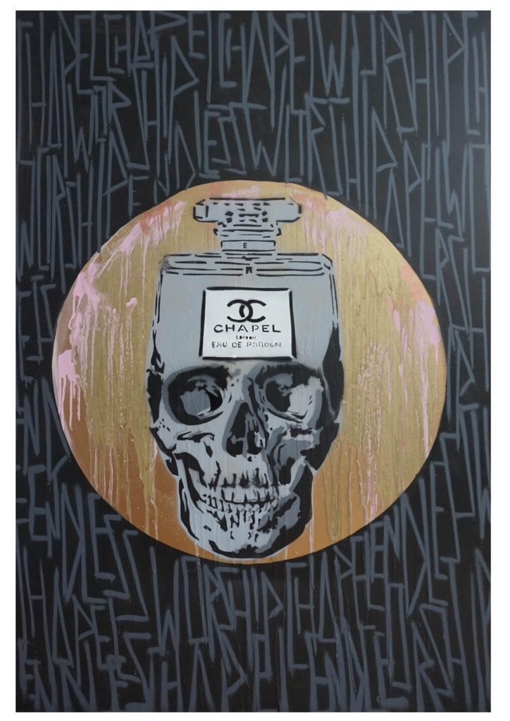 Endless, Chapel Skull Halo Black, acrylic and paint spray on canvas, 100 x 150 cm. 