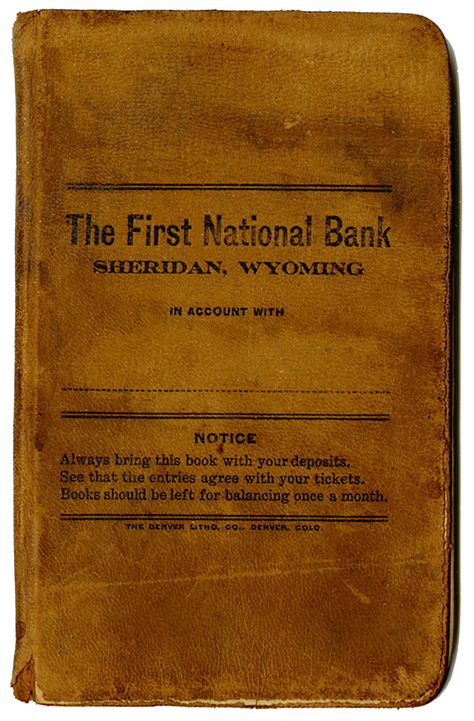 Front cover of a ledger book. Bank passbook issued by the First National Bank in Sheridan and owned by Herbert Allen Coffeen (1869-1916), Native American Ledger Art