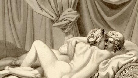 I Modi: Jean Frédéric Maximilien de Waldeck, RCouple making love on bed with drapery behind; corresponding to Aretino’s Sonnet 1, 19th century, The British Museum, London, UK. Detail.
