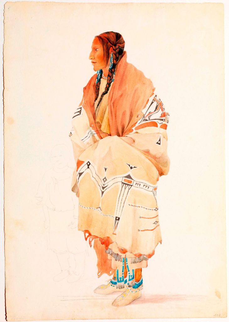 Karl Bodmer, Chan-Chä-Uiá-Te-Üinn, Lakota Sioux Woman, 1833, watercolor and graphite on paper, gift of the Enron Art Foundation, 1986, Joslyn Art Museum, Omaha, NE, USA.
