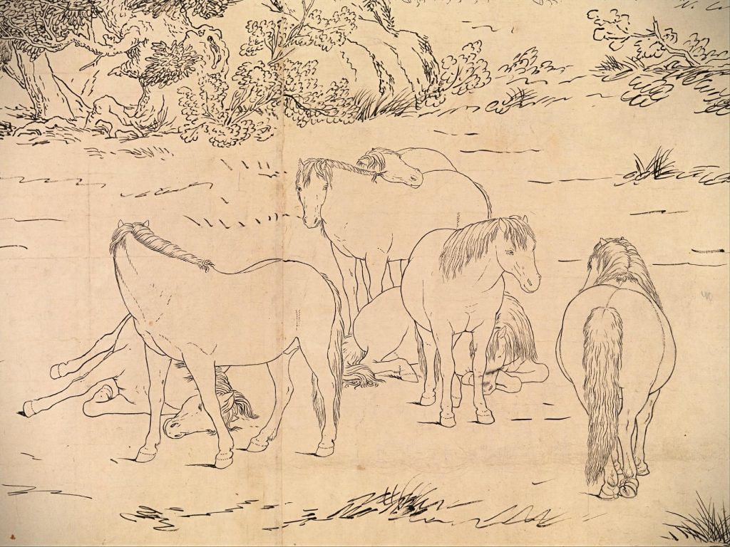 Giuseppe Castiglione, One Hundred Horses, detail, 1723–25, Chinese painting.