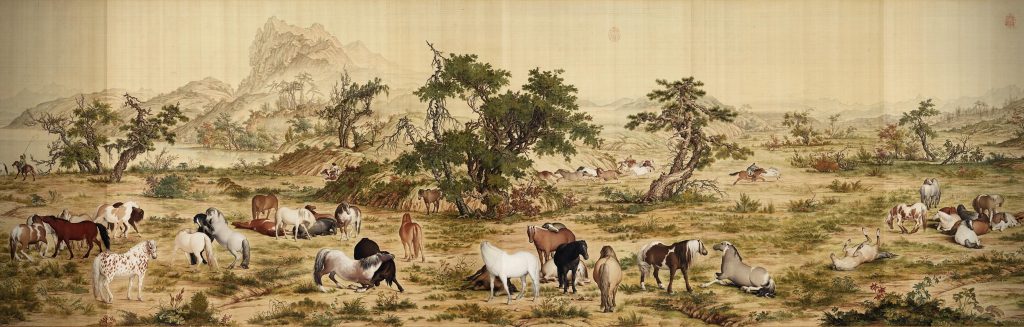 Giuseppe Castiglione, One Hundred Horses, detail, 1728, ink and colors on silk, Chinese painting.
