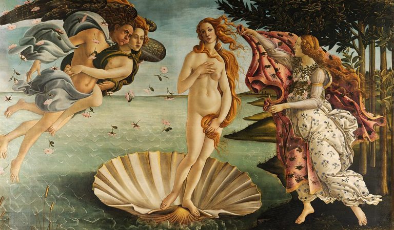 beach bodies art: Sandro Botticelli, The Birth of Venus, c. 1486, Uffizi Gallery, Florence, Italy. Detail.
