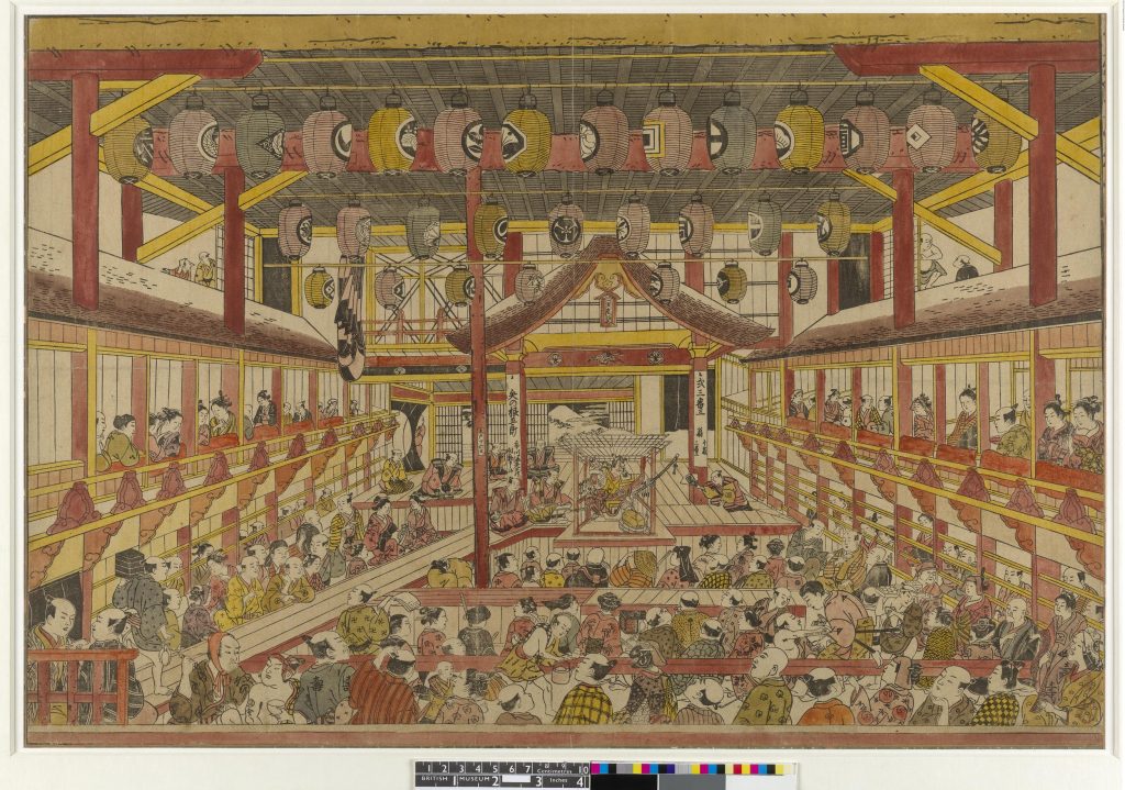 Shadows in Japanese culture: Okumura Masanobu, Uki- e Woodblock print with hand coloring depicting Nakamura-za theater in Edo, 1745 (Britishmuseum.org).