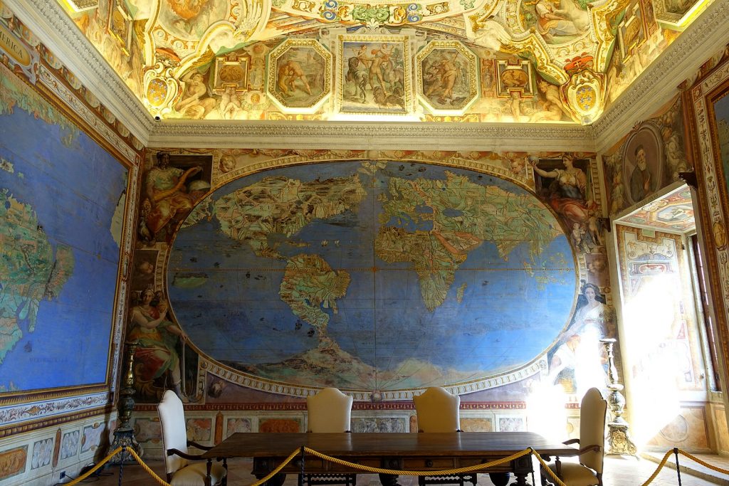 Giovanni Antonio from Varese said Vanosino, Hall of the Globe or of the Geographical Maps, Villa Farnese, 1560-1575, Caprarola, Viterbo, Italy. Detail of the walls. 