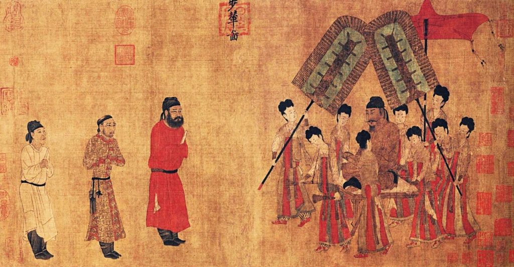 Yan Liben (copy after), Emperor Taizong Receiving the Tibetan Envoy, 14th century, handscroll, ink and colors on silk, Palace Museum, Beijing, China. Detail.