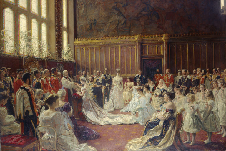 queen victoria weddings: Laurits Regner Tuxen, The Marriage of George, Duke of York, with Princess Mary of Teck, ca. 1894, Royal Collection Trust, London, UK. Detail.

