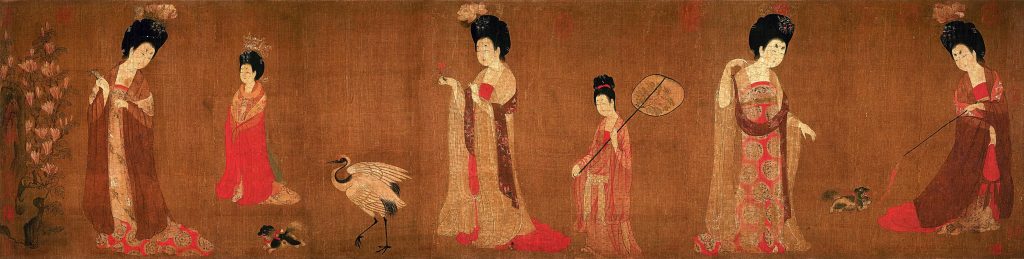 Zhou Fang (attr.), Court Ladies Adorning Their Hair with Flowers, detail, 8th century, handscroll, ink and colors on silk, Chinese paintings