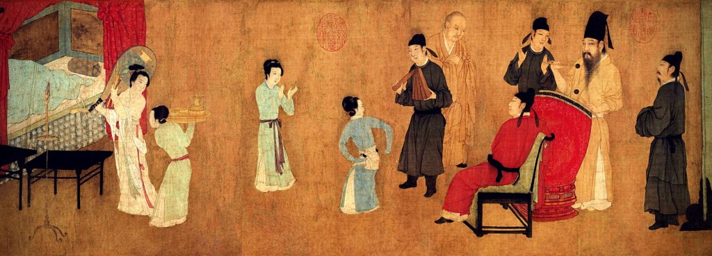 Gu Hongzhong (attr.), The Night Revels of Han Xizai, detail, 10th century, handscroll, ink and colors on silk, Chinese painting