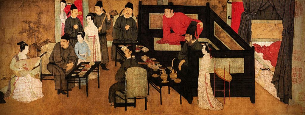 Gu Hongzhong (attr.), The Night Revels of Han Xizai, detail, 10th century, handscroll, ink and colors on silk, Chinese painting