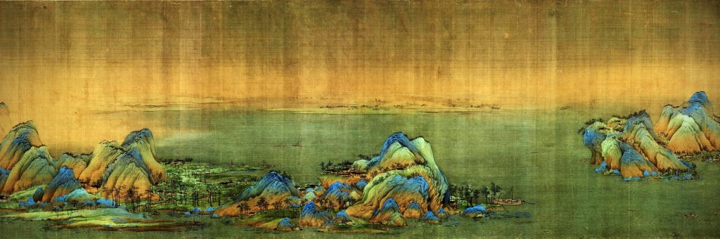Wang Xi Meng, A Thousand Li of Rivers and Mountains, detail, 1113, handscroll, ink and colors on silk, Chinese painting.