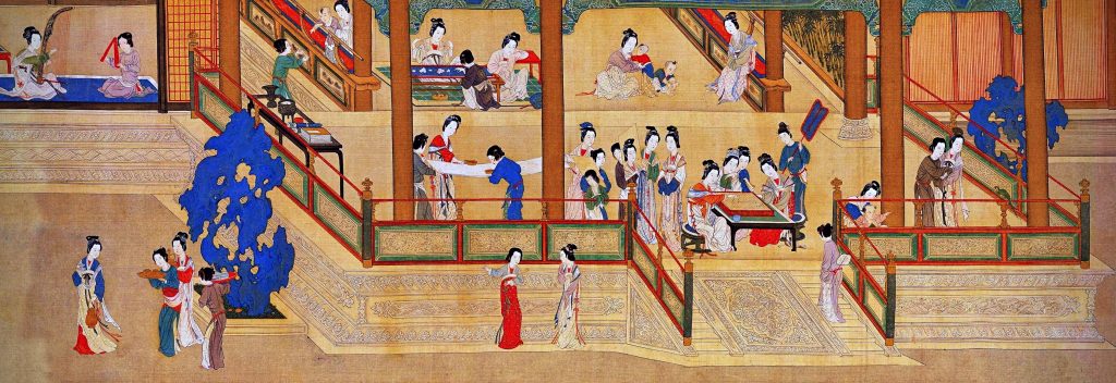 Qiu Ying, Spring Dawn in the Han Palace, detail, 1552, handscroll, color on silk, Chinese painting.