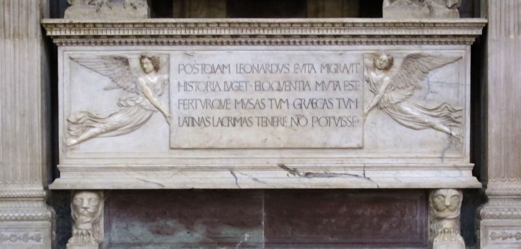Bernardo Rossellino, Inscription tablet held by two angels, Tomb of Leonardo Bruni, 1444-1451, Basilica of Santa Croce, Florence, Italy. 