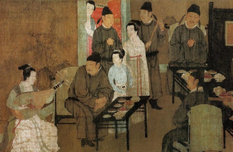 Chinese paintings: Gu Hongzhong (attr.), The Night Revels of Han Xizai, 10th century, handscroll, ink and colors on silk, Palace Museum, Beijing, China. Detail.
