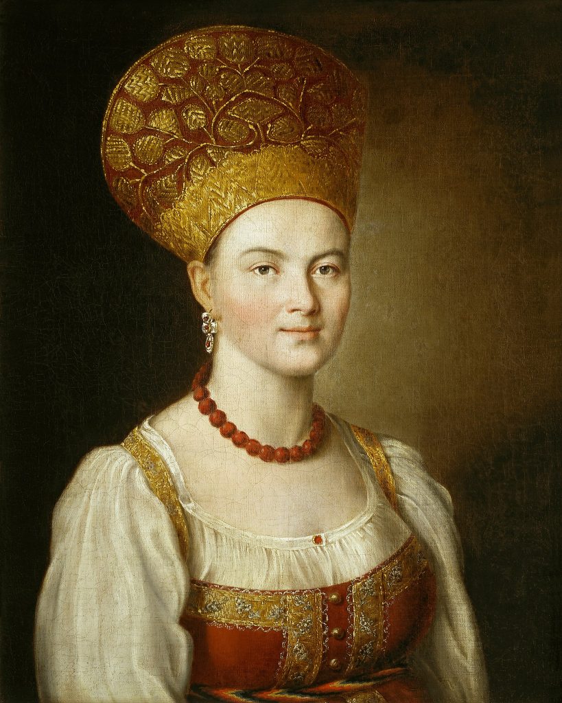 Russian headdress. Ivan Argunov, Portrait of an Unknown Woman in Russian Costume, 1784, Tretyakov Gallery, Moscow, Russia.