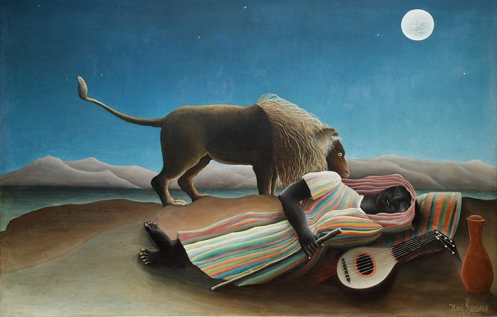 Romani art: Henri Rousseau, The Sleeping Gypsy, 1897, Museum of Modern Art, New York, NY, USA.