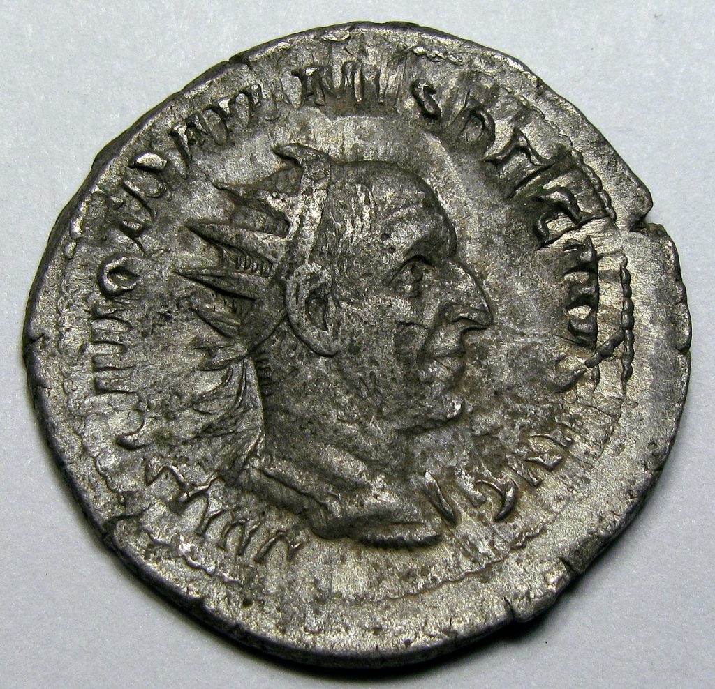 Antoninianus coin with Emperor Trajan Decius, obverse, 249 - 251.