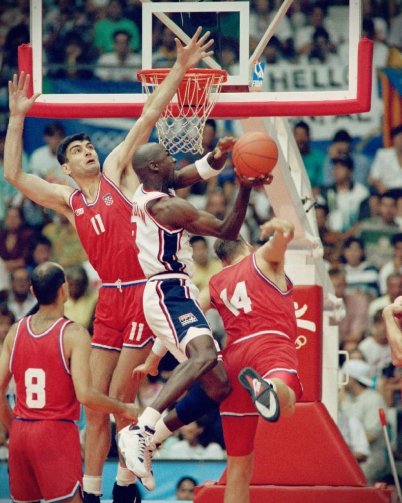 American basketball star Michael Jordan smashes during the final of the Olympic basketball tournament, 1992, Olympics