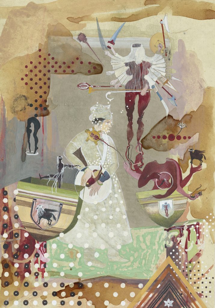 Shahzia Sikander, Hood’s Red Rider, No. 2, 1997, vegetable color, dry pigment, watercolor, gold (paint), and tea on wasli paper, collection of Susan and Lew Manilow. Courtesy of Sean Kelly Gallery, New York, NY, USA