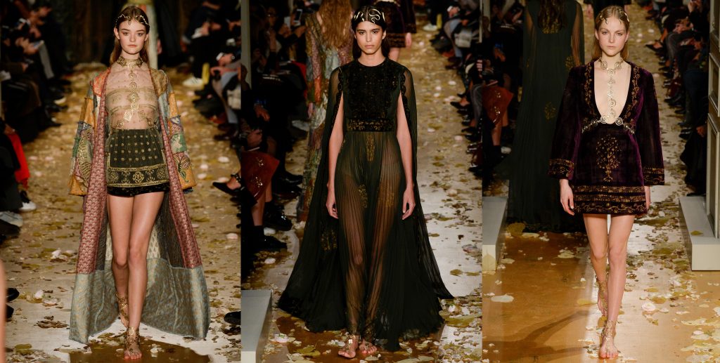 Photographs of three looks inspired by Byzantine Art, presented on Valentino fashion show in spring 2016. Right: sheer short dress with a black skirt and long cape, black gown wit a cape centre), shorst, long sleeved dress in purple velvet with golden embroideries