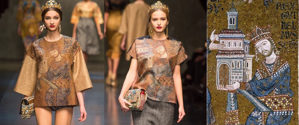 Fragment of the tesserae mosaic from Monreale cathedral representing king Wilhelm II kneeling inf front of Virgin Mary, offreing Her model of the cathedral (right). Two looks from the art inspired Dolce and Gabbana fashion show with the same mosaic printed on them (left). 