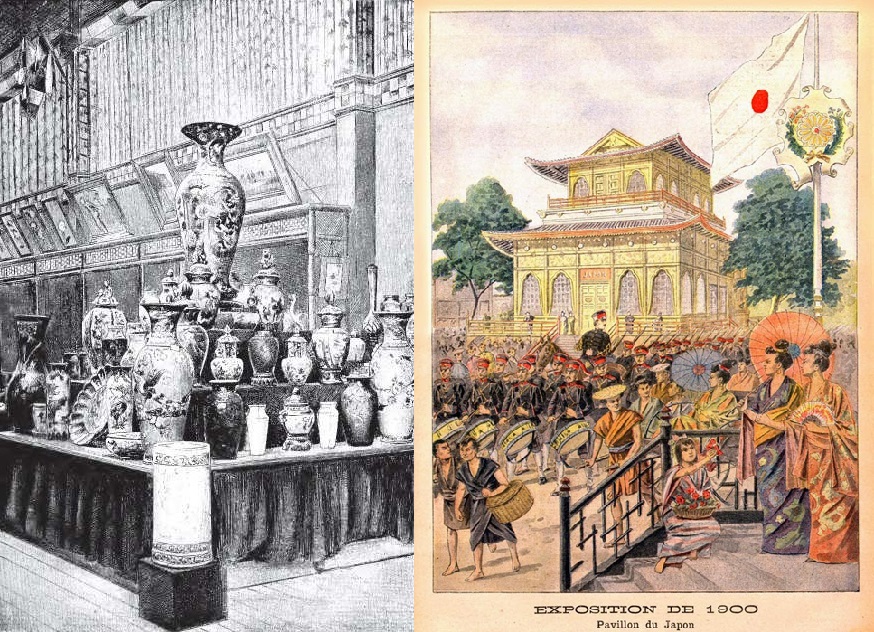 Left: Japanese ceramics in the Japan Pavilion, 1889, Paris, France; right: Japan pavilion, 1900, Paris, France.