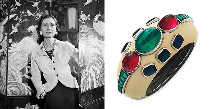 Left: Coco Chanel wearing a cuff bracelet designed by Fulco di Verdura. Photo by Lipnitzki/Roger Viollet. Right: Fulco di Verdura, a silver, enamel and simulated gemstone bracelet, private collection. Christie’s.