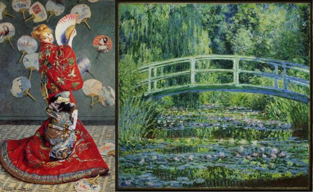 Japonisme: Left: Claude Monet, Madame Monet wearing a kimono, 1875, Museum of Fine Arts, Boston, MA, USA; right: Claude Monet, Water Lilies and Japanese Bridge, 1899, Princeton University Art Museum, Princeton, NJ, USA.